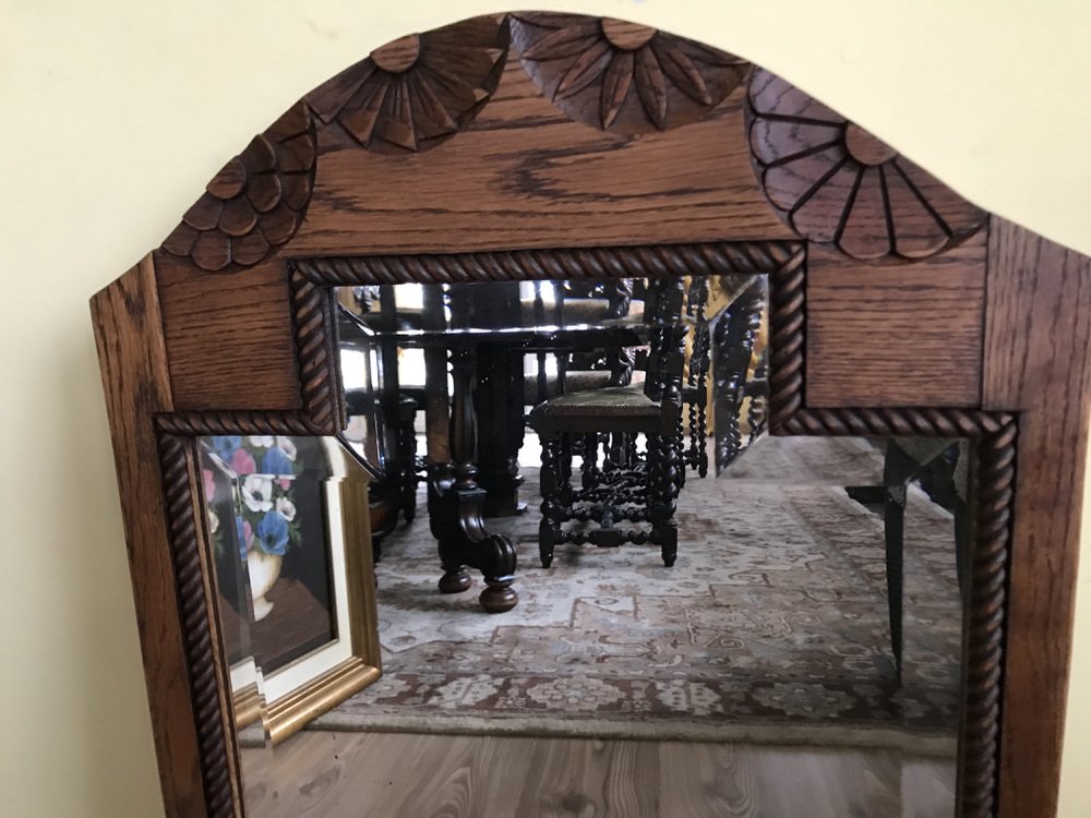 Art Deco Bevelled Crystal Mirror with Wooden Oak Frame, 1920s