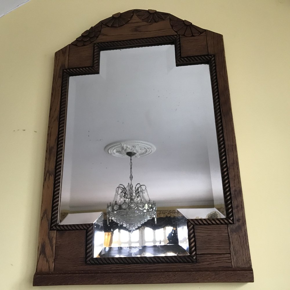 Art Deco Bevelled Crystal Mirror with Wooden Oak Frame, 1920s