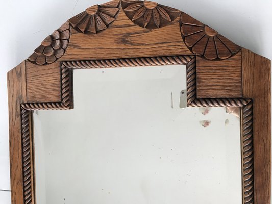 Art Deco Bevelled Crystal Mirror with Wooden Oak Frame, 1920s-WQQ-1306236