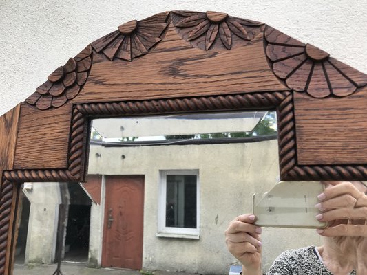 Art Deco Bevelled Crystal Mirror with Wooden Oak Frame, 1920s-WQQ-1306236