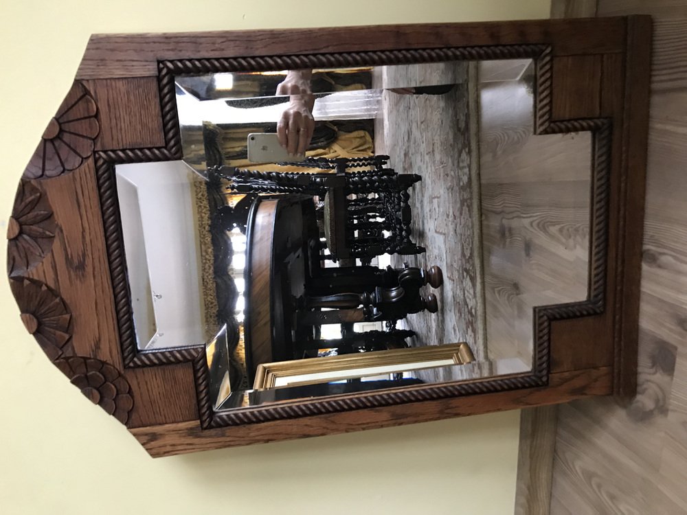 Art Deco Bevelled Crystal Mirror with Wooden Oak Frame, 1920s