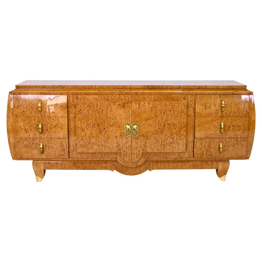 Art Deco Birch Burl Wood Curved Hand Polished Sideboard with Brass Fittings, 1930s