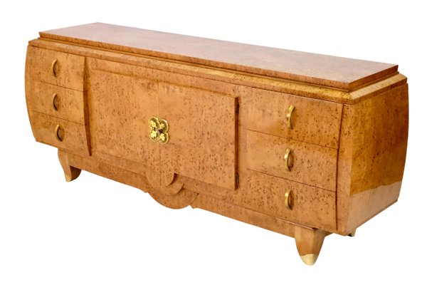 Art Deco Birch Burl Wood Curved Hand Polished Sideboard with Brass Fittings, 1930s-CXC-1368778