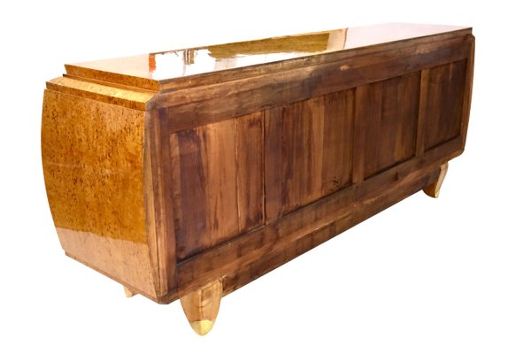 Art Deco Birch Burl Wood Curved Hand Polished Sideboard with Brass Fittings, 1930s-CXC-1368778