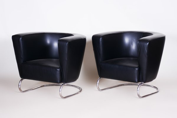 Art Deco Black Armchairs in Leather by Jindrich Halabala for Up Závody, 1930s, Set of 2-WHY-1768669