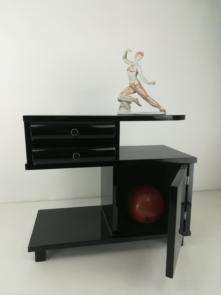 Art Deco Black Bedside Table in High Gloss, 1930