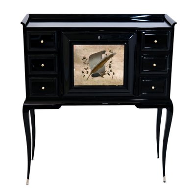 Art Deco Black Lacquer Secretaire with Etched Mirror-CXC-1752731