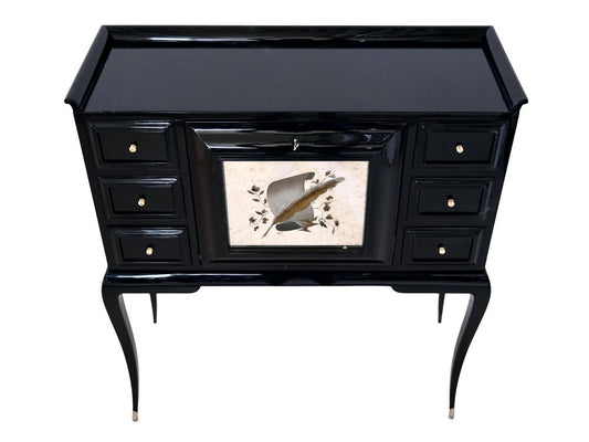 Art Deco Black Lacquer Secretaire with Etched Mirror