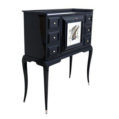 Art Deco Black Lacquer Secretaire with Etched Mirror-CXC-1752731