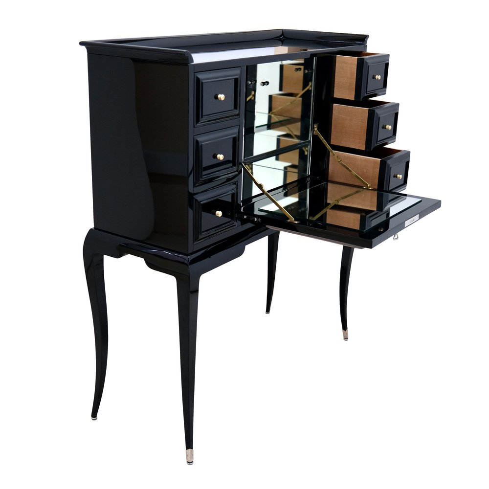 Art Deco Black Lacquer Secretaire with Etched Mirror