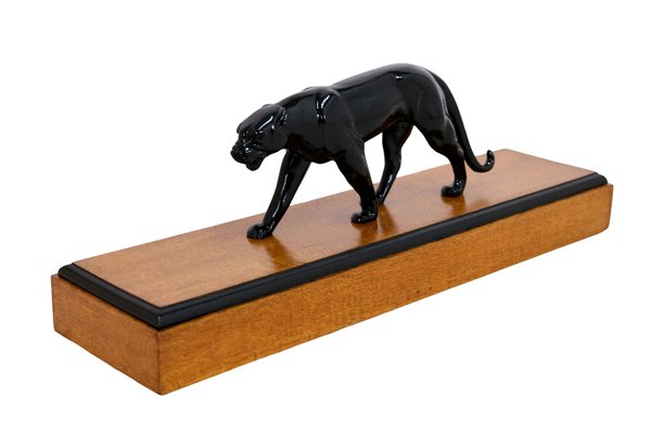 Art Deco Black Panther Sculpture on a Wooden Base, France, 1930s-CXC-1755730