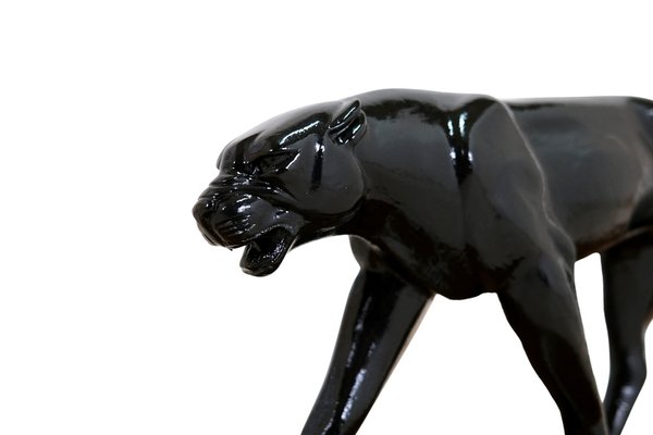 Art Deco Black Panther Sculpture on a Wooden Base, France, 1930s-CXC-1755730