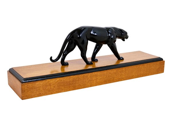 Art Deco Black Panther Sculpture on a Wooden Base, France, 1930s-CXC-1755730