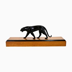 Art Deco Black Panther Sculpture on a Wooden Base, France, 1930s-CXC-1755730