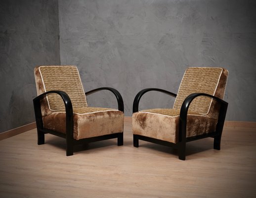 Art Deco Black Shellac & Brown Velvet Italian Armchairs, 1940, Set of 2-UH-1215602