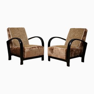 Art Deco Black Shellac & Brown Velvet Italian Armchairs, 1940, Set of 2-UH-1215602