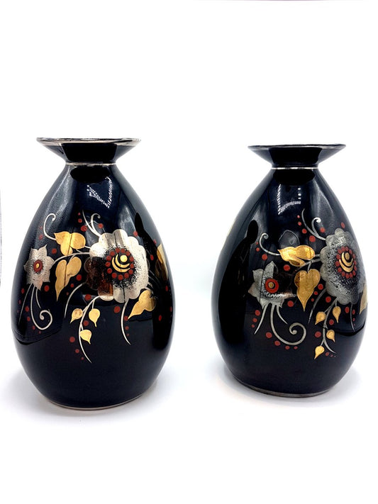 Art Deco Black, Silver, Red & Gold Ceramic Vases by Charles Catteau for Boch Frères, 1933, Set of 2