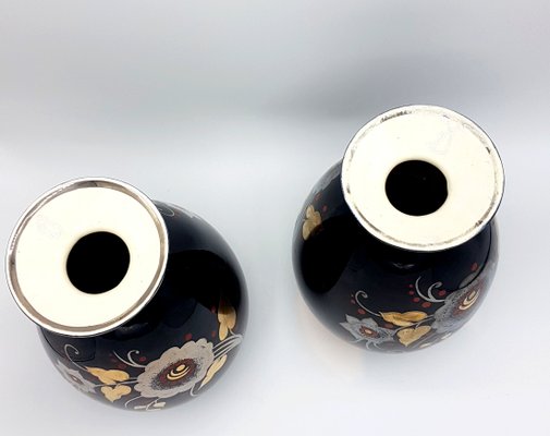 Art Deco Black, Silver, Red & Gold Ceramic Vases by Charles Catteau for Boch Frères, 1933, Set of 2-PCJ-736005