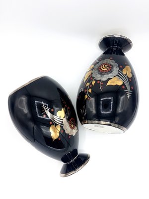 Art Deco Black, Silver, Red & Gold Ceramic Vases by Charles Catteau for Boch Frères, 1933, Set of 2-PCJ-736005