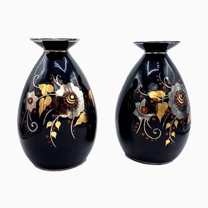 Art Deco Black, Silver, Red & Gold Ceramic Vases by Charles Catteau for Boch Frères, 1933, Set of 2-PCJ-736005