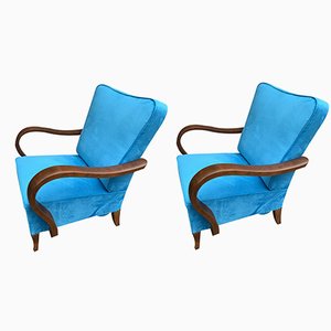 Art Deco Blue Lounge Chairs, 1920s, Set of 2-OXJ-1178017