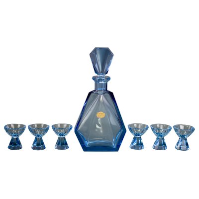 Art Deco Bohemian Blue Color Glass Decanter and Glasses, 1930s, Set of 7-KEG-1396190