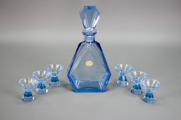 Art Deco Bohemian Blue Color Glass Decanter and Glasses, 1930s, Set of 7-KEG-1396190