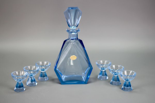 Art Deco Bohemian Blue Color Glass Decanter and Glasses, 1930s, Set of 7-KEG-1396190