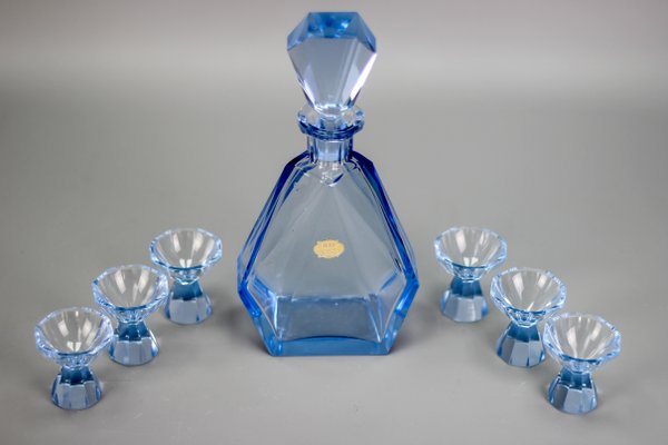 Art Deco Bohemian Blue Color Glass Decanter and Glasses, 1930s, Set of 7-KEG-1396190