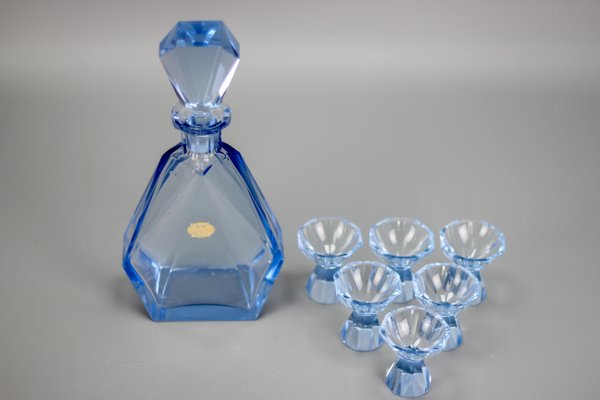 Art Deco Bohemian Blue Color Glass Decanter and Glasses, 1930s, Set of 7-KEG-1396190