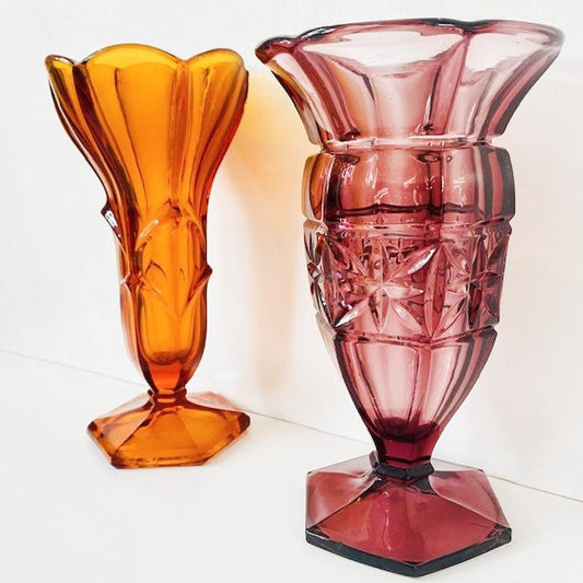 Art Deco Bohemian Purple and Amber Vases in Pressed Glass, 1930s, Set of 2