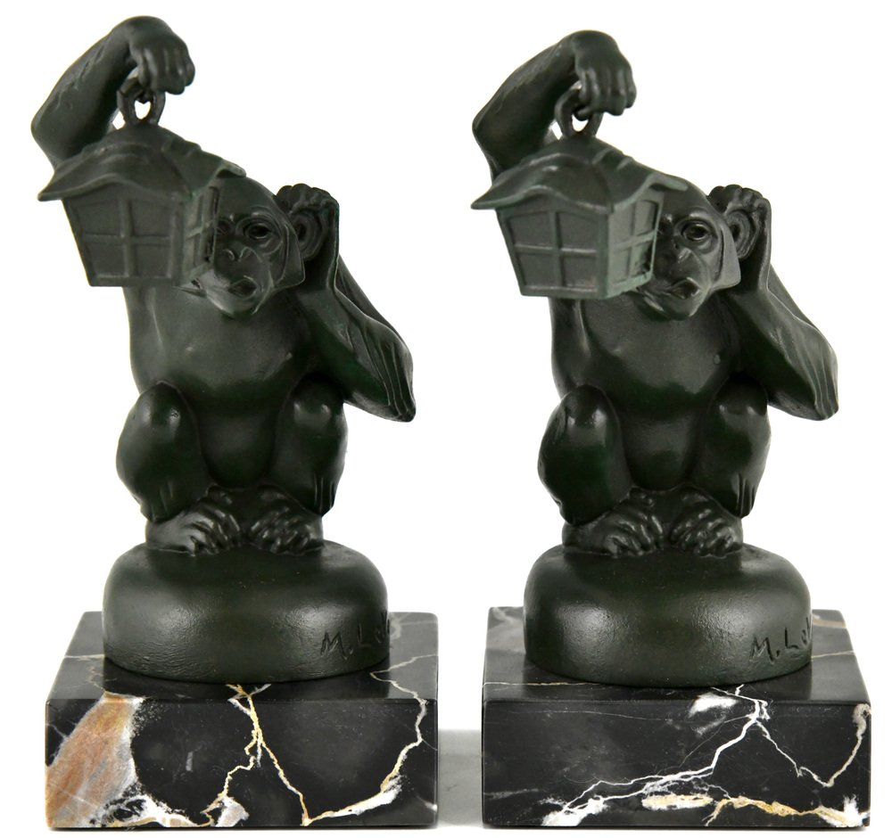 Art Deco Bookends Monkey with Lantern by Max Le Verrier, 1925, Set of 2