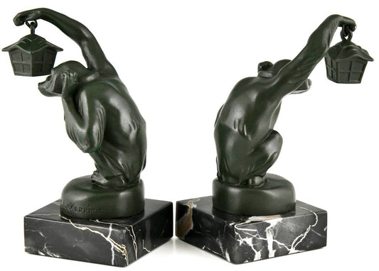 Art Deco Bookends Monkey with Lantern by Max Le Verrier, 1925, Set of 2