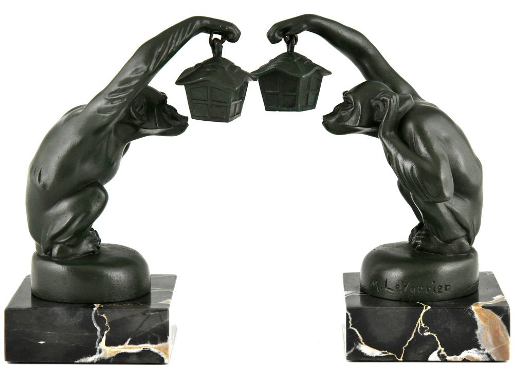 Art Deco Bookends Monkey with Lantern by Max Le Verrier, 1925, Set of 2