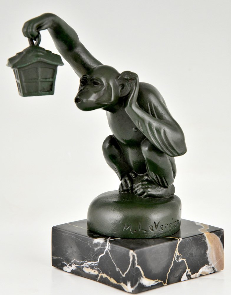 Art Deco Bookends Monkey with Lantern by Max Le Verrier, 1925, Set of 2