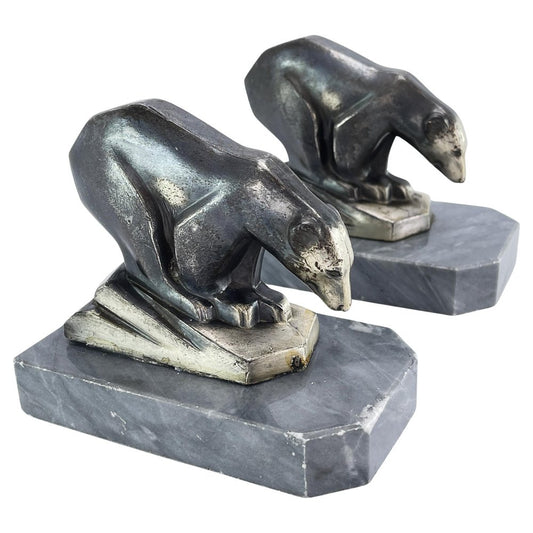 Art Deco Bookends with Polar Bears Marble Base, 1930s, Set of 2