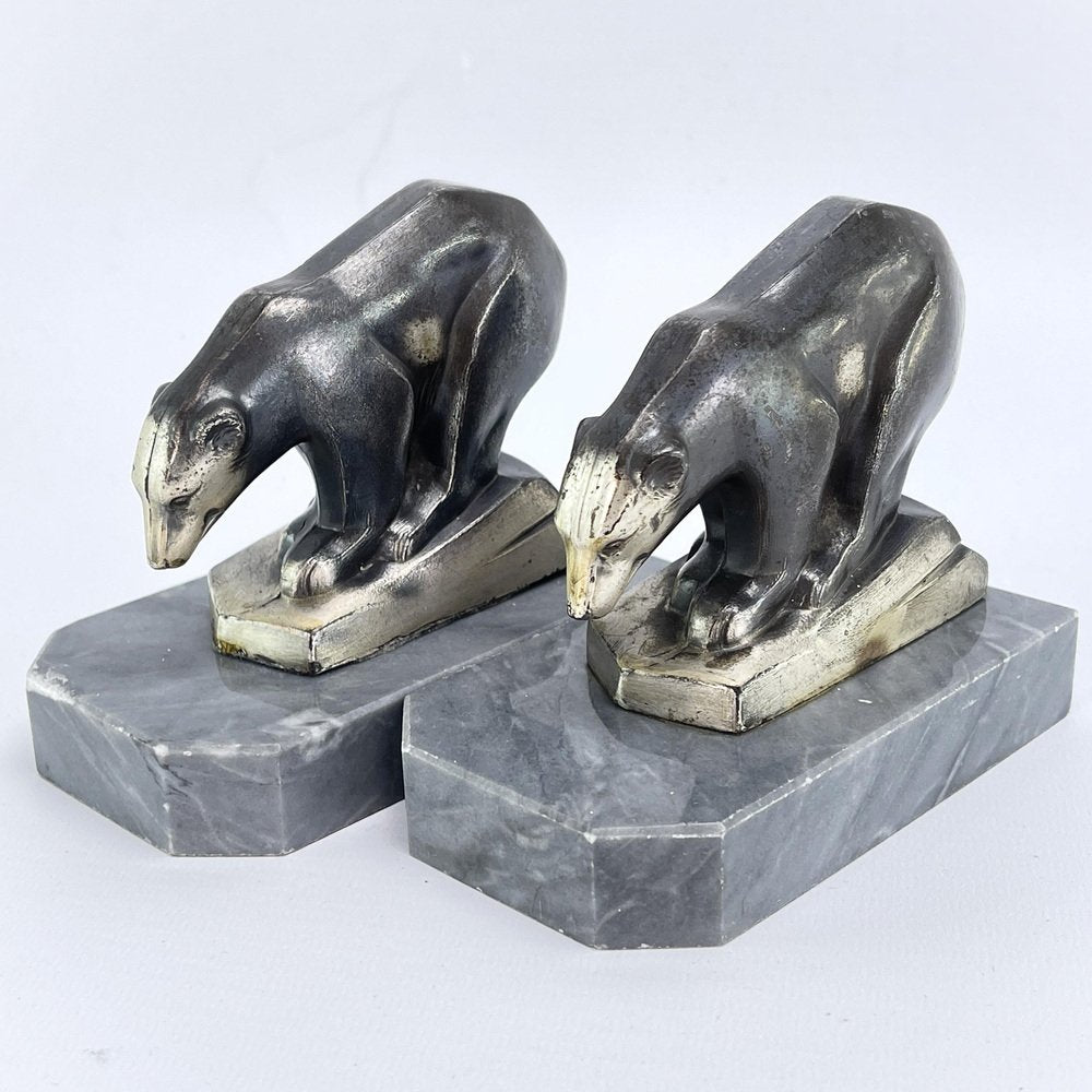 Art Deco Bookends with Polar Bears Marble Base, 1930s, Set of 2