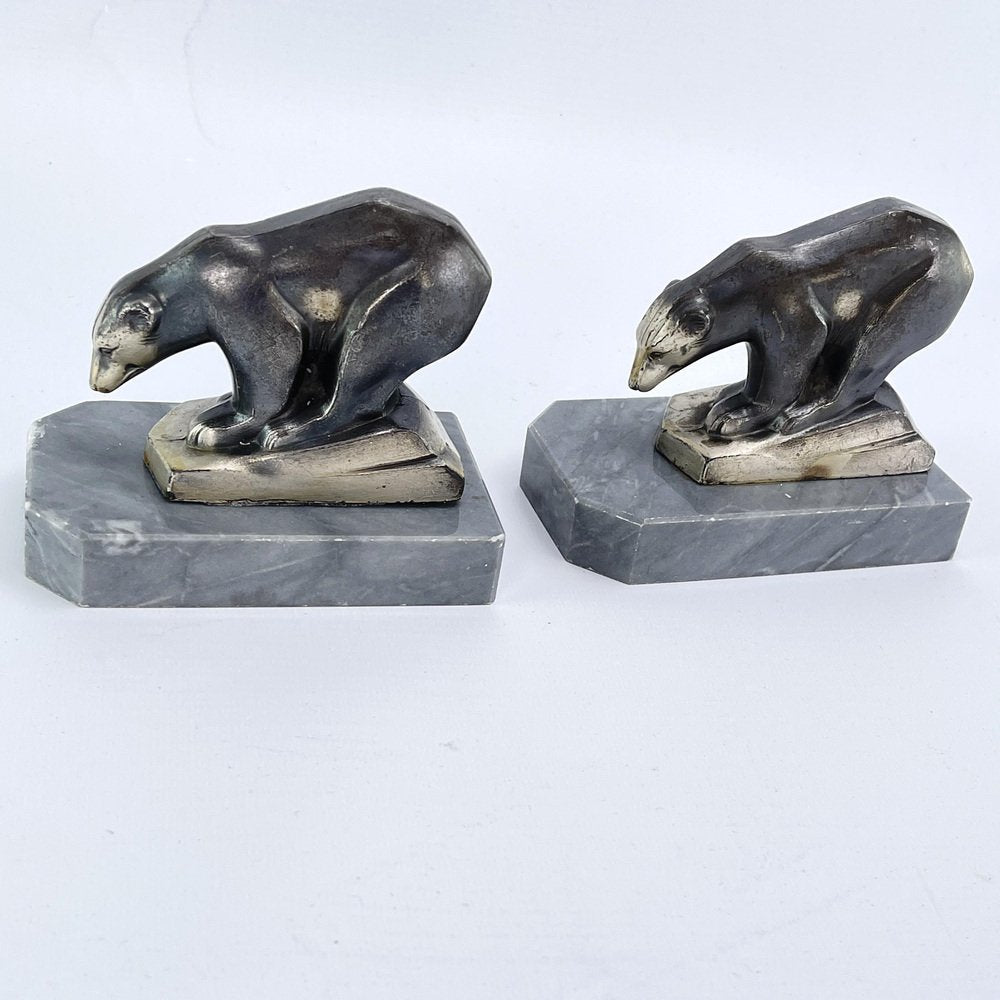 Art Deco Bookends with Polar Bears Marble Base, 1930s, Set of 2