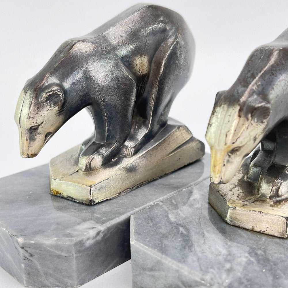 Art Deco Bookends with Polar Bears Marble Base, 1930s, Set of 2