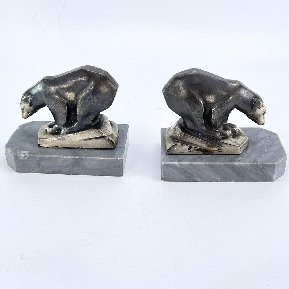 Art Deco Bookends with Polar Bears Marble Base, 1930s, Set of 2