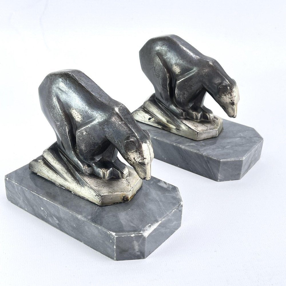 Art Deco Bookends with Polar Bears Marble Base, 1930s, Set of 2