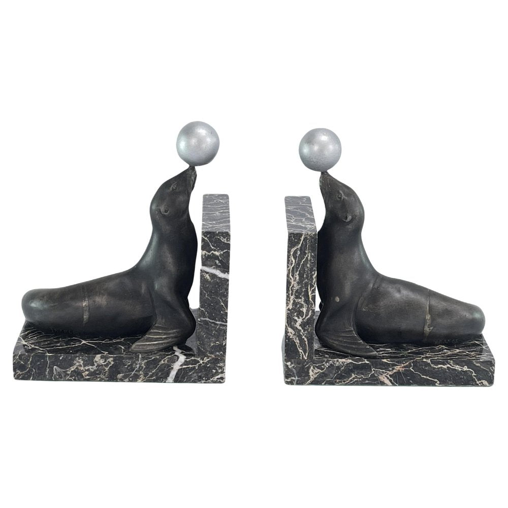 Art Deco Bookends with Sea Lions on Marble Bases, 1930s, Set of 2