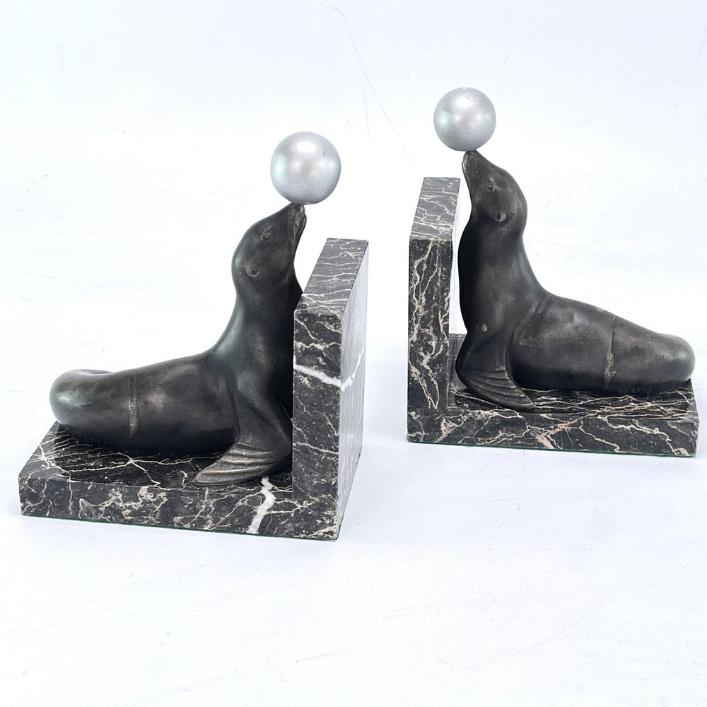 Art Deco Bookends with Sea Lions on Marble Bases, 1930s, Set of 2