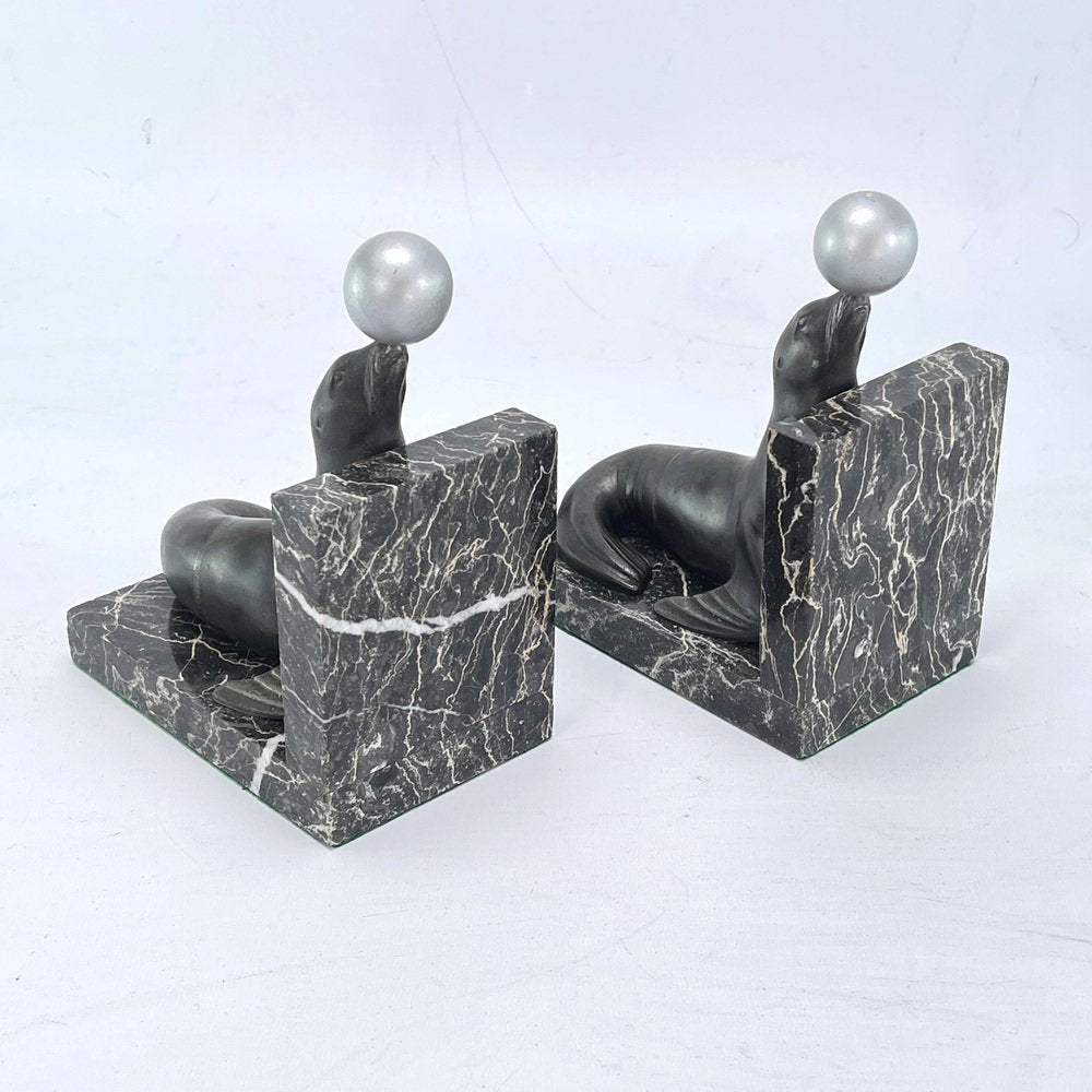 Art Deco Bookends with Sea Lions on Marble Bases, 1930s, Set of 2