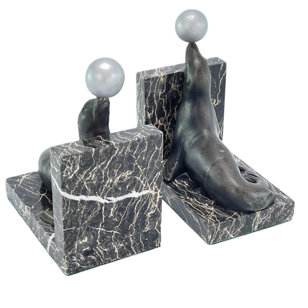 Art Deco Bookends with Sea Lions on Marble Bases, 1930s, Set of 2