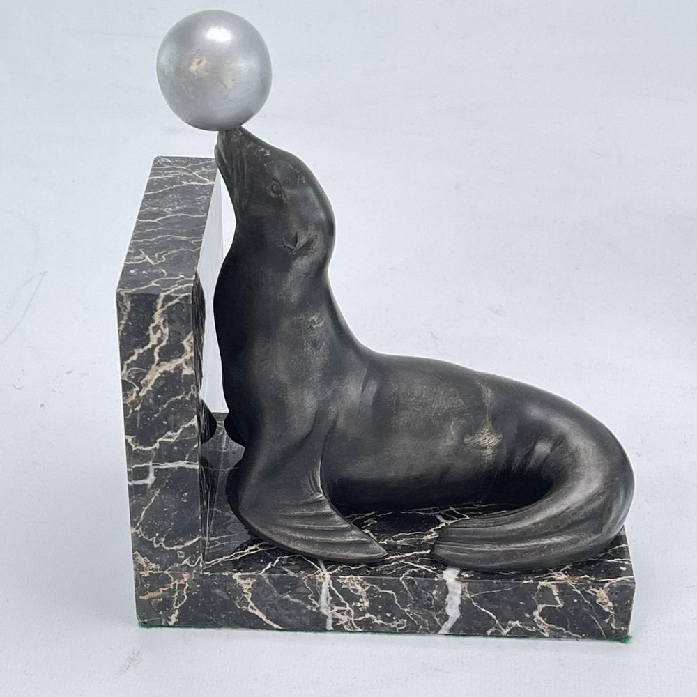 Art Deco Bookends with Sea Lions on Marble Bases, 1930s, Set of 2