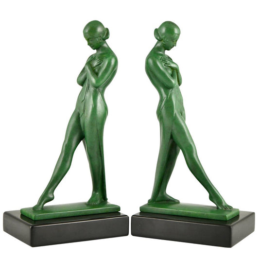 Art Deco Bookends with Standing Nudes by Fayral for Max Le Verrier, 1930s, Set of 2