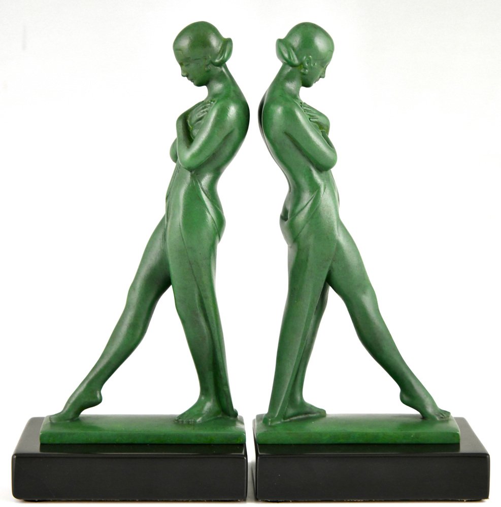 Art Deco Bookends with Standing Nudes by Fayral for Max Le Verrier, 1930s, Set of 2