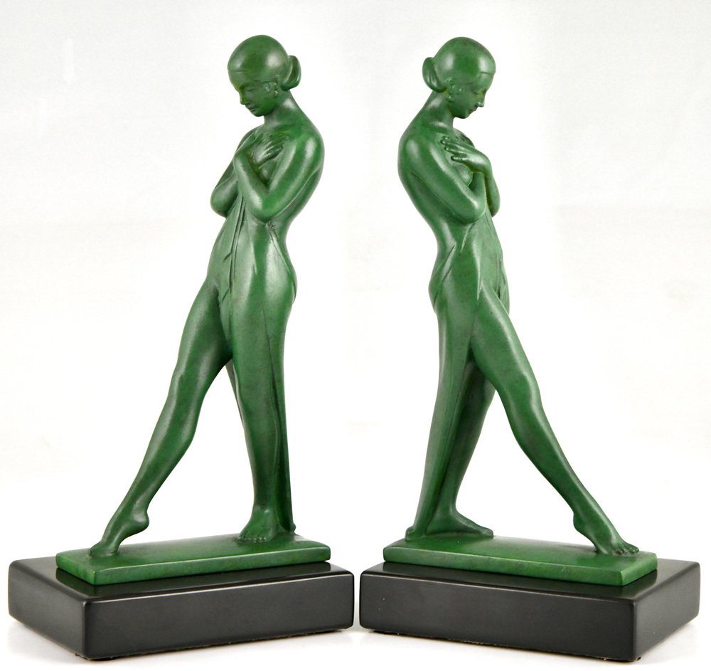 Art Deco Bookends with Standing Nudes by Fayral for Max Le Verrier, 1930s, Set of 2