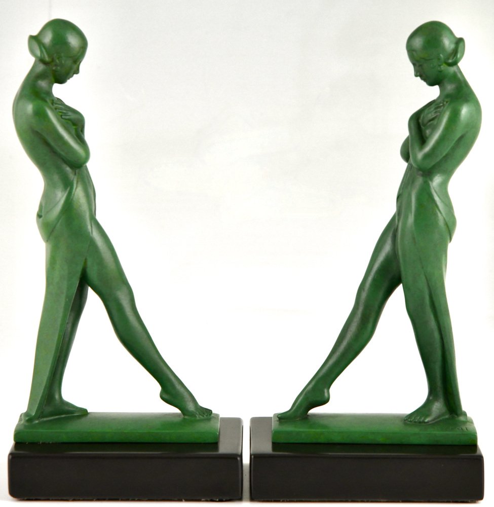 Art Deco Bookends with Standing Nudes by Fayral for Max Le Verrier, 1930s, Set of 2